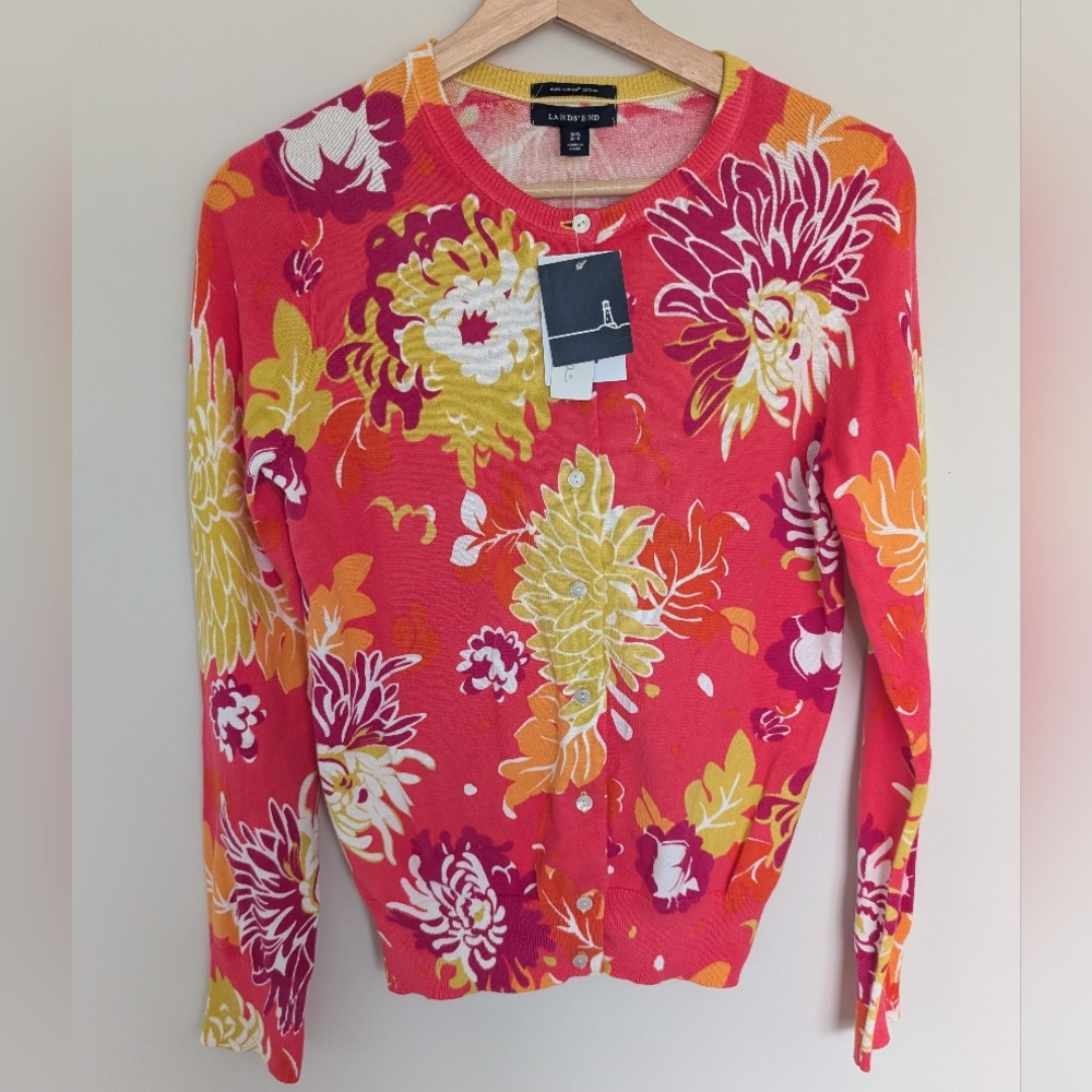 Lands’ End 100% Supima Cotton Multicolor Floral Button Down Cardigan NWT Size XS